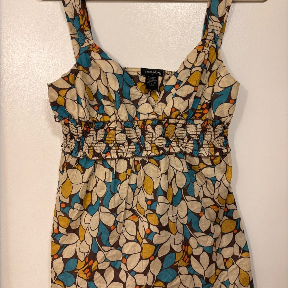 Eyeshadow Teal, Mustard & Cream Leaf-Print Smocked Tank Top